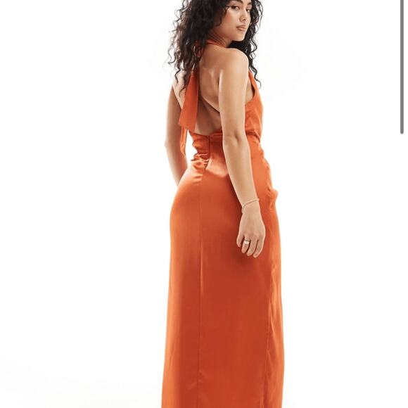 NWT Asos Bridesmaids Satin Halter Special Occasion Front Twist Slit Maxi Dress - Picture 2 of 14